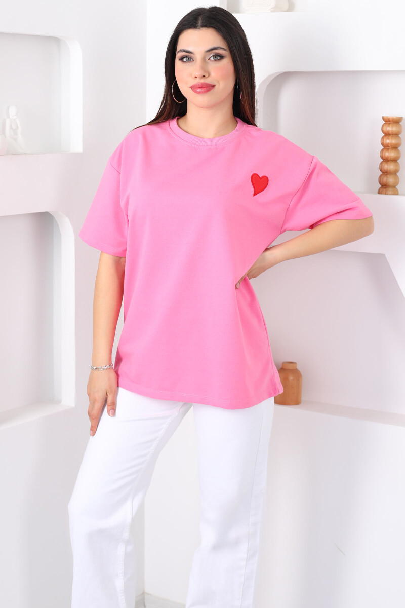 Kalp Nakışlı Bisiklet Yaka Oversize Pembe Kadın T-Shirt - 4