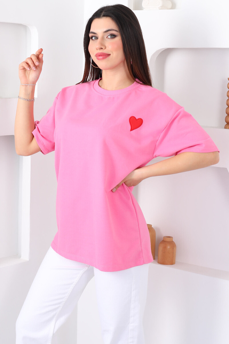 Kalp Nakışlı Bisiklet Yaka Oversize Pembe Kadın T-Shirt - 1