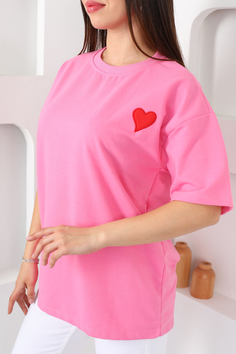 Kalp Nakışlı Bisiklet Yaka Oversize Pembe Kadın T-Shirt - 2