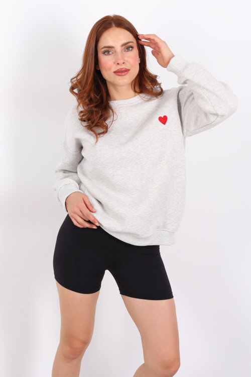 Kalp Nakışlı Gri Kadın Sweatshirt - Berox