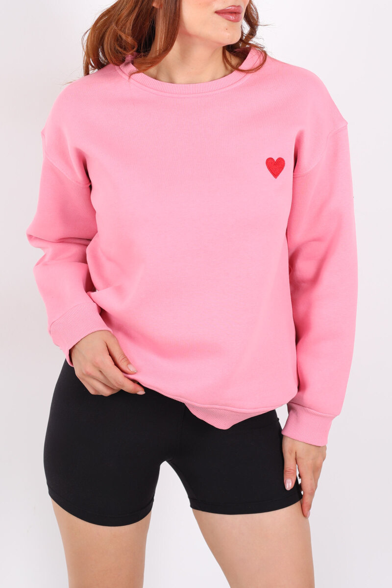 Kalp Nakışlı Pembe Kadın Sweatshirt - 2