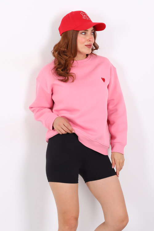 Kalp Nakışlı Pembe Kadın Sweatshirt - 3