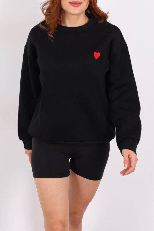 Kalp Nakışlı Siyah Kadın Sweatshirt - Berox (1)