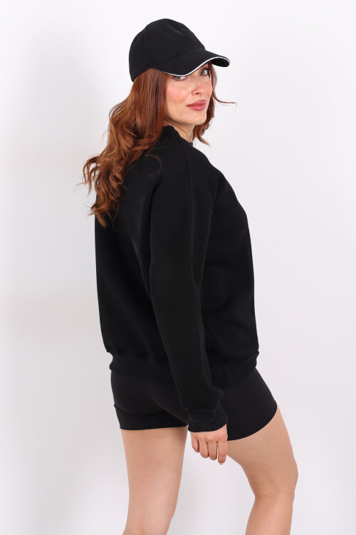 Kalp Nakışlı Siyah Kadın Sweatshirt - 5