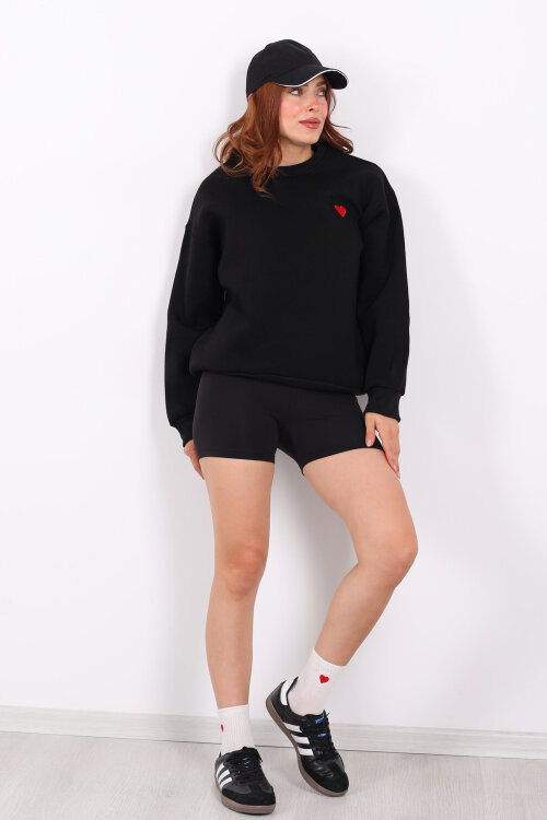 Kalp Nakışlı Siyah Kadın Sweatshirt - 6