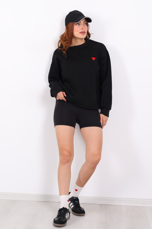 Kalp Nakışlı Siyah Kadın Sweatshirt - 3