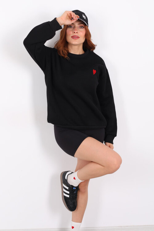 Kalp Nakışlı Siyah Kadın Sweatshirt - 4