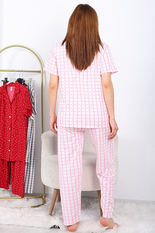 Kalp Şeritli Düğmeli Pembe Kadın Pijama Takımı - 5