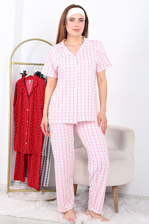 Kalp Şeritli Düğmeli Pembe Kadın Pijama Takımı - 4