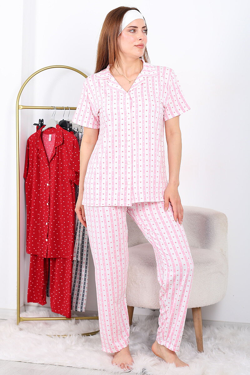 Kalp Şeritli Düğmeli Pembe Kadın Pijama Takımı - 1