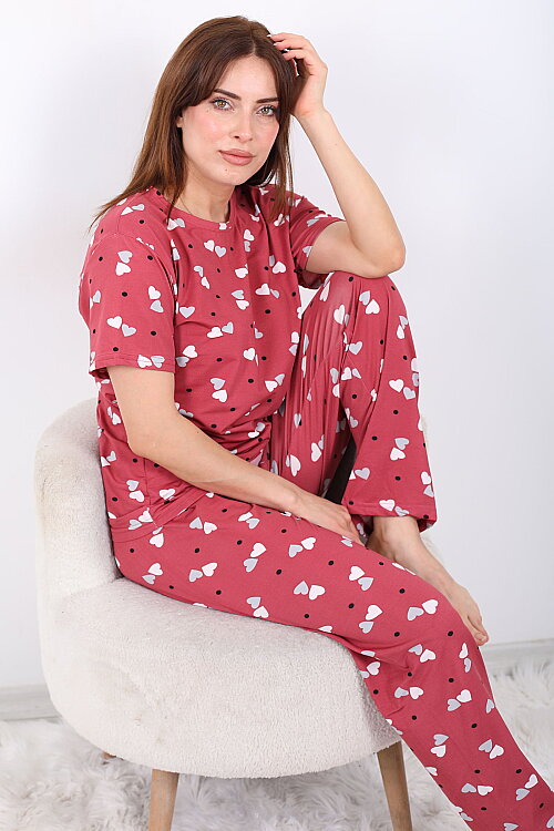 Kalp ve Benekli Bisiklet Yaka Gül Kurusu Kadın Pijama Takımı - 4