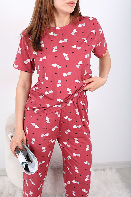 Kalp ve Benekli Bisiklet Yaka Gül Kurusu Kadın Pijama Takımı - Berox (1)