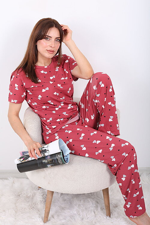Kalp ve Benekli Bisiklet Yaka Gül Kurusu Kadın Pijama Takımı - Berox