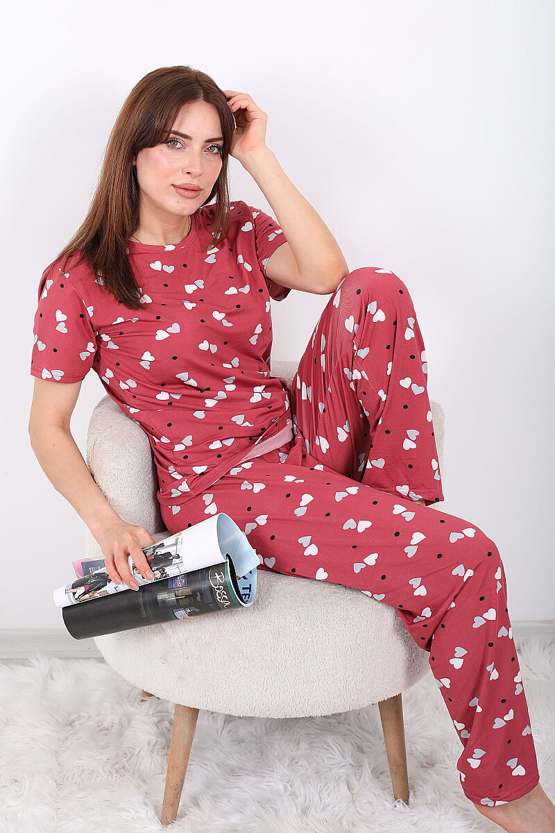 Kalp ve Benekli Bisiklet Yaka Gül Kurusu Kadın Pijama Takımı - 1