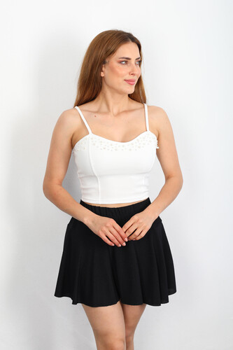 Kalp Yaka İncili Beyaz Kadın Askılı Crop - 3