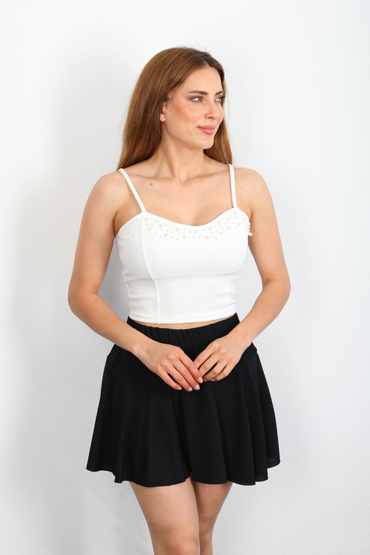 Kalp Yaka İncili Beyaz Kadın Askılı Crop - 3