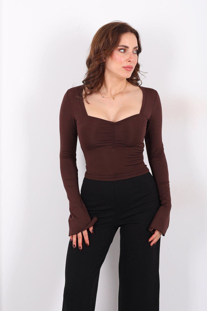 Kalp Yaka İspanyol Kol Kadın Kahverengi Bluz - 5