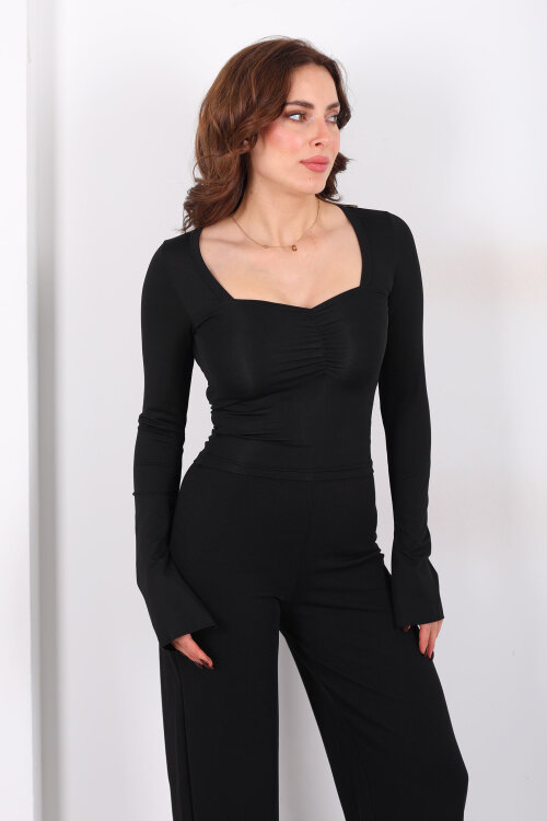 Kalp Yaka İspanyol Kol Kadın Siyah Bluz - 4