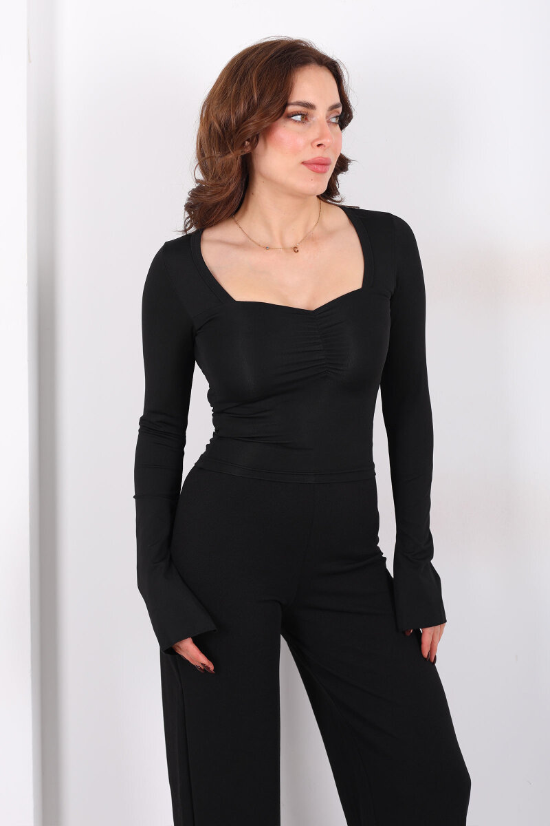 Kalp Yaka İspanyol Kol Kadın Siyah Bluz - 4