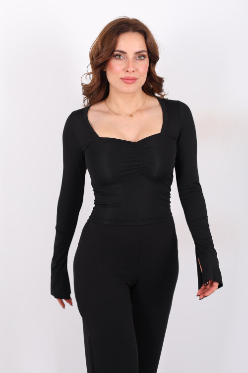 Kalp Yaka İspanyol Kol Kadın Siyah Bluz - Berox