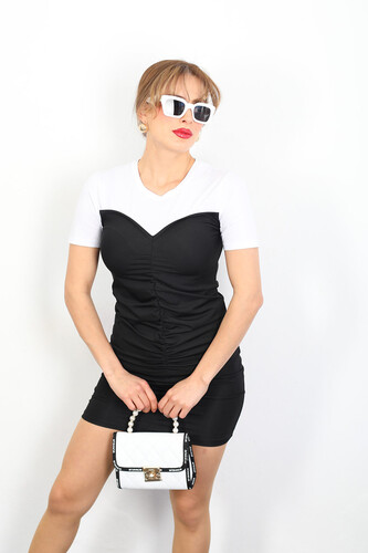 Kalp Yaka Kadın Siyah Parçalı T-Shirt Elbise - 4