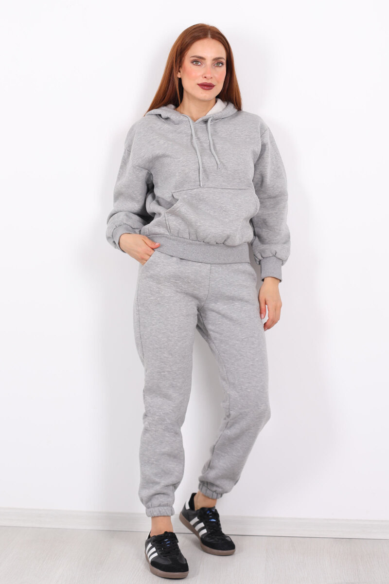 Kanguru Cepli Kapüşonlu Kadın Gri Üç İplik Sweat Takım - 3
