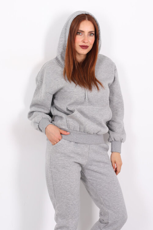 Kanguru Cepli Kapüşonlu Kadın Gri Üç İplik Sweat Takım - 5