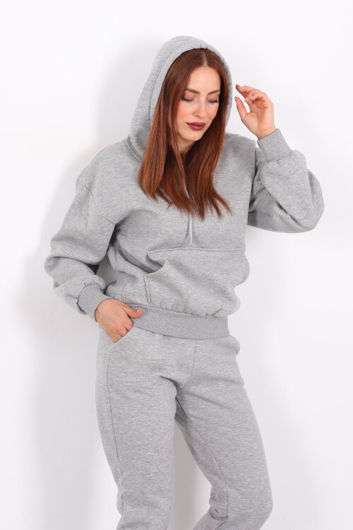 Kanguru Cepli Kapüşonlu Kadın Gri Üç İplik Sweat Takım - Berox (1)