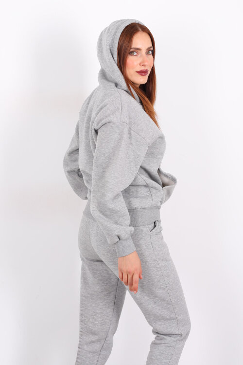 Kanguru Cepli Kapüşonlu Kadın Gri Üç İplik Sweat Takım - 4