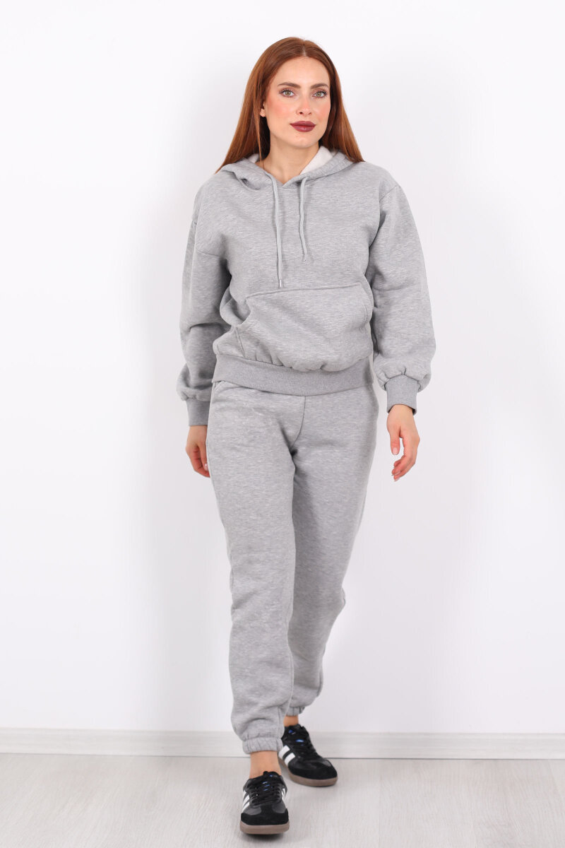 Kanguru Cepli Kapüşonlu Kadın Gri Üç İplik Sweat Takım - 1