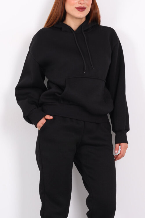 Kanguru Cepli Kapüşonlu Kadın Siyah Üç İplik Sweat Takım - Berox (1)