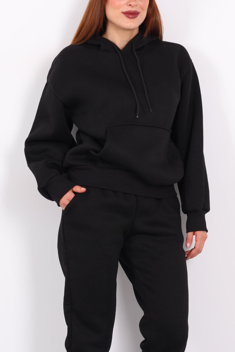 Kanguru Cepli Kapüşonlu Kadın Siyah Üç İplik Sweat Takım - 2