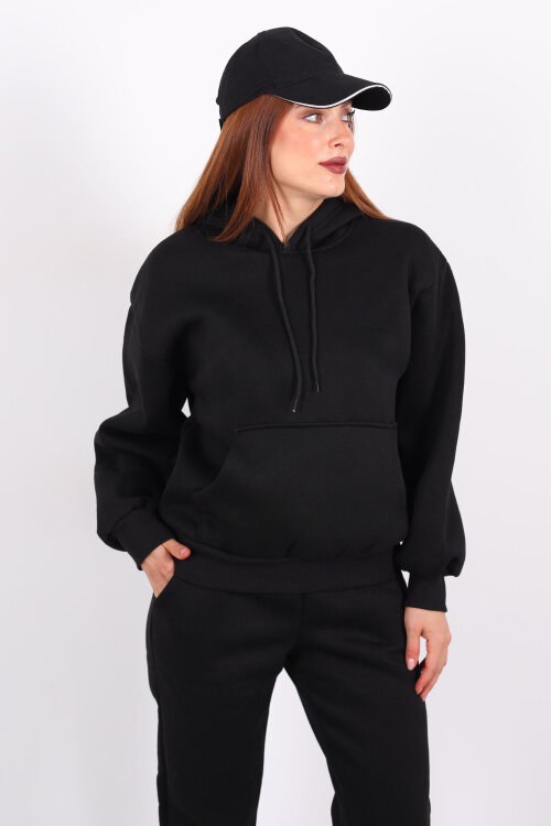 Kanguru Cepli Kapüşonlu Kadın Siyah Üç İplik Sweat Takım 