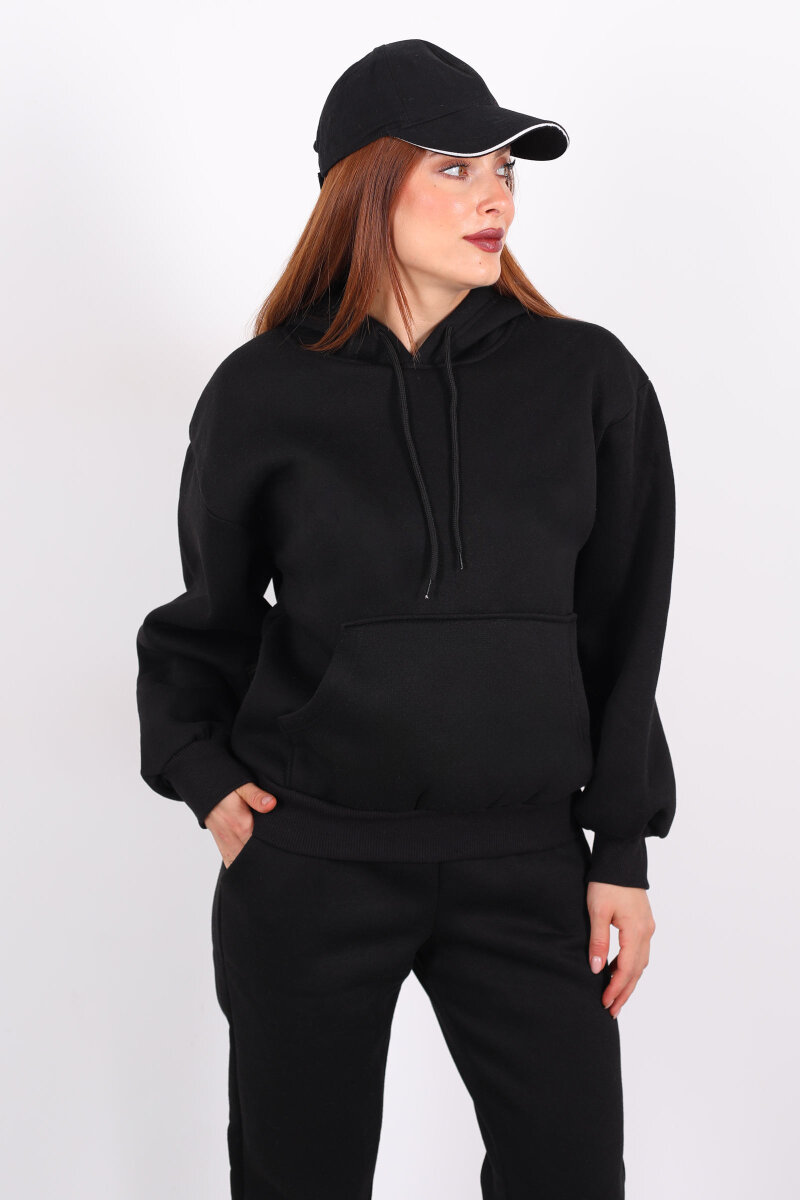 Kanguru Cepli Kapüşonlu Kadın Siyah Üç İplik Sweat Takım - 1