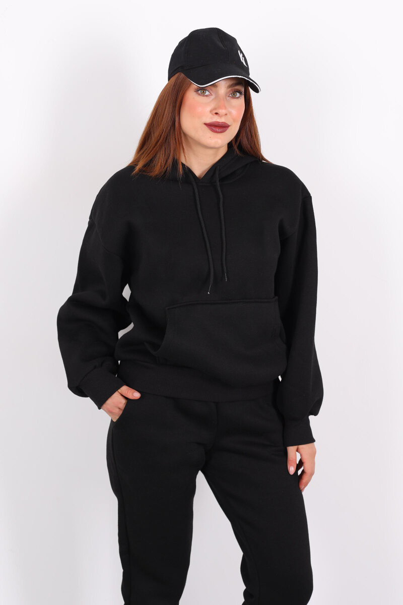 Kanguru Cepli Kapüşonlu Kadın Siyah Üç İplik Sweat Takım - 4