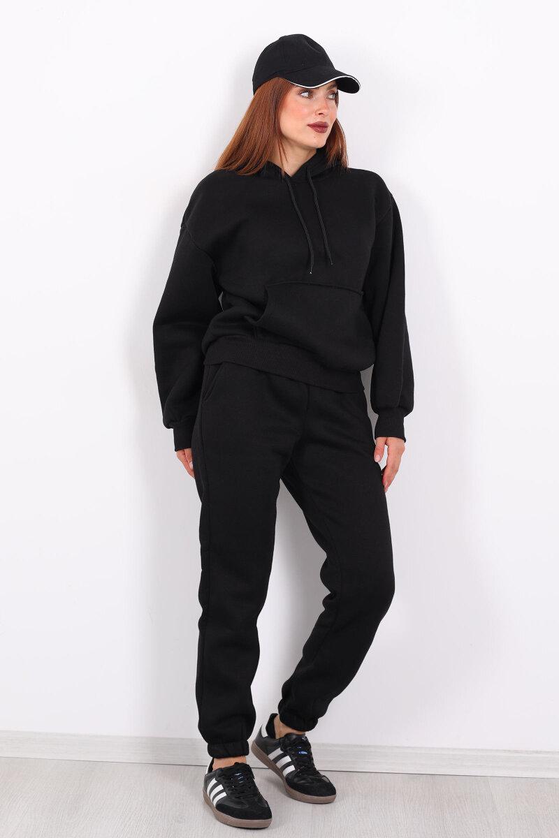 Kanguru Cepli Kapüşonlu Kadın Siyah Üç İplik Sweat Takım - 3