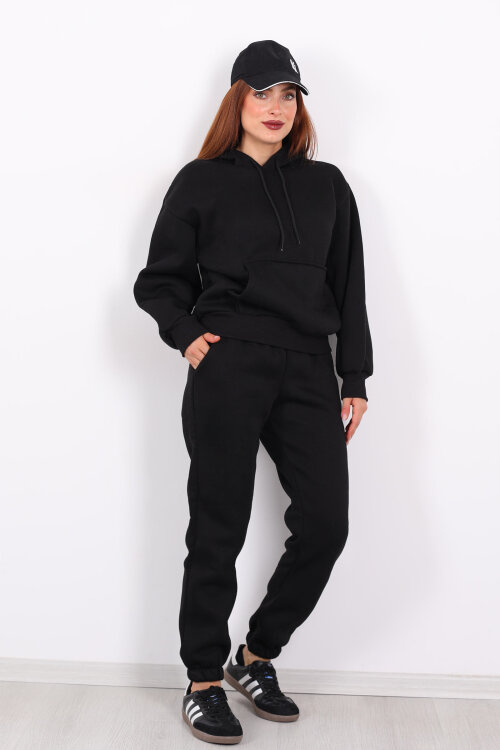 Kanguru Cepli Kapüşonlu Kadın Siyah Üç İplik Sweat Takım - 6