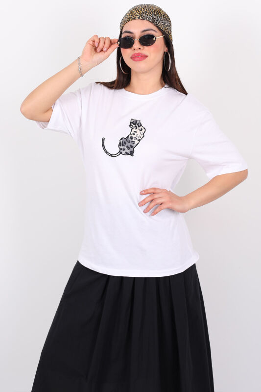 Kaplan İşlemeli Bisiklet Yaka Kısa Kol Beyaz Kadın T-Shirt - 5