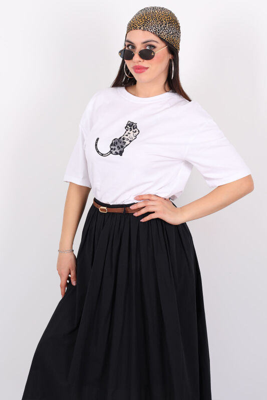 Kaplan İşlemeli Bisiklet Yaka Kısa Kol Beyaz Kadın T-Shirt - 4