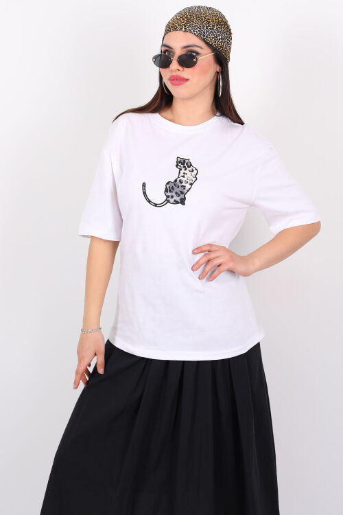 Kaplan İşlemeli Bisiklet Yaka Kısa Kol Beyaz Kadın T-Shirt - 3