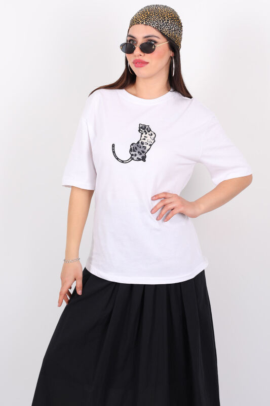 Kaplan İşlemeli Bisiklet Yaka Kısa Kol Beyaz Kadın T-Shirt - 3