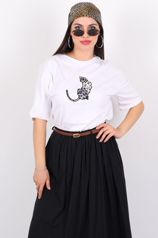 Kaplan İşlemeli Bisiklet Yaka Kısa Kol Beyaz Kadın T-Shirt - 1