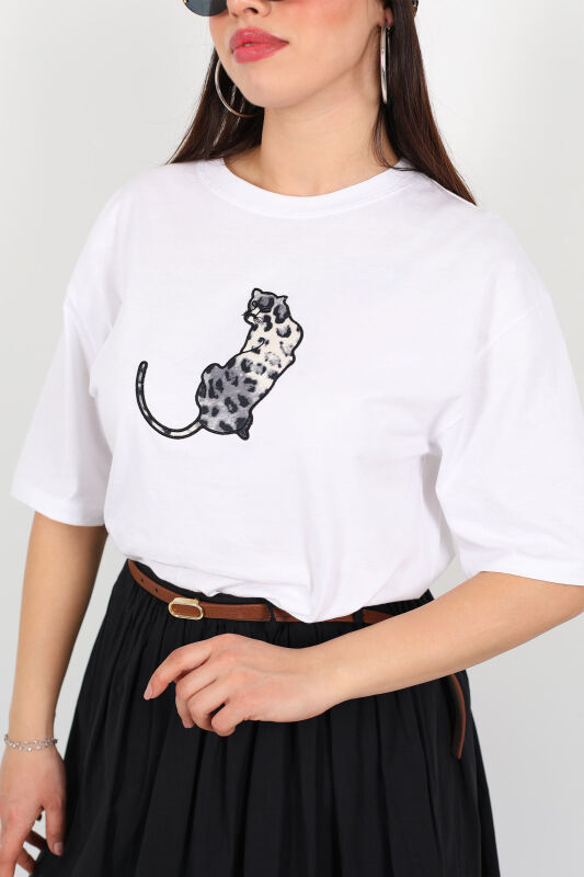 Kaplan İşlemeli Bisiklet Yaka Kısa Kol Beyaz Kadın T-Shirt - 2
