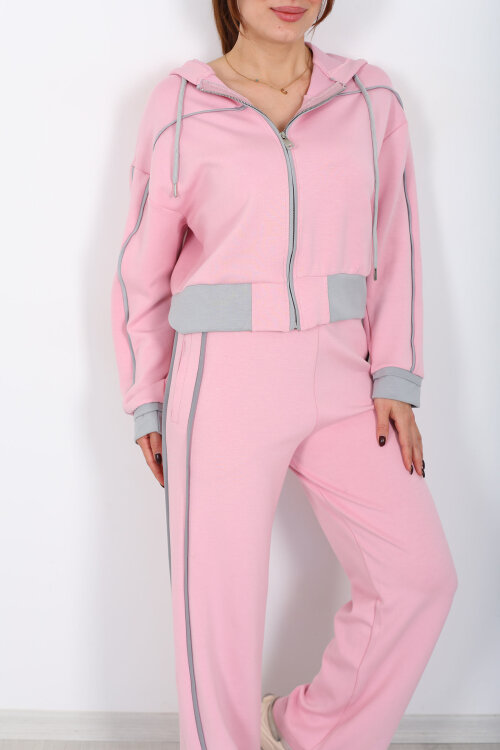 Kapüşonlu Ara Biyeli Pembe Kadın Modal Takım - Berox (1)