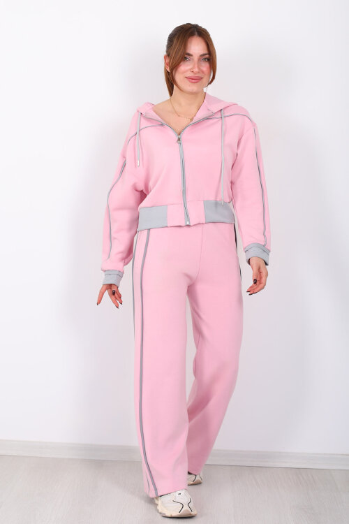 Kapüşonlu Ara Biyeli Pembe Kadın Modal Takım - 4