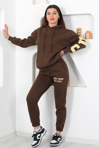 Kapüşonlu Baskılı Üç İp Kahverengi Kadın Sweat Takım - Berox (1)