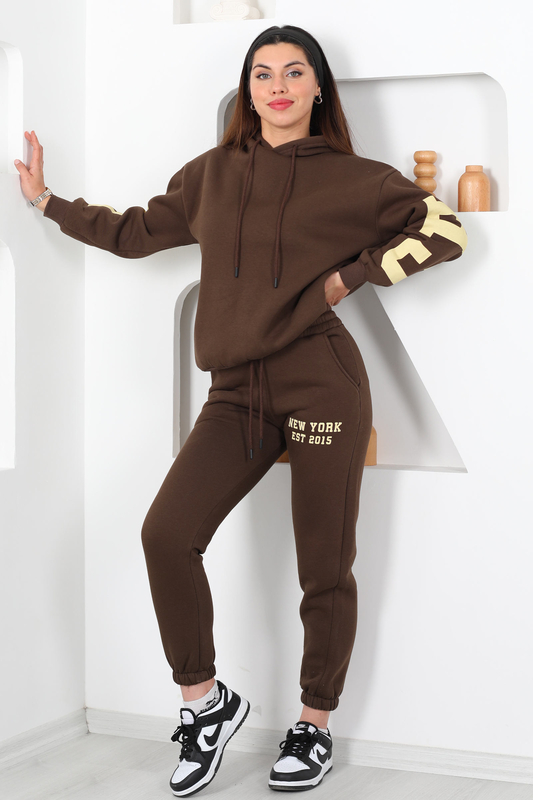 Kapüşonlu Baskılı Üç İp Kahverengi Kadın Sweat Takım - 2