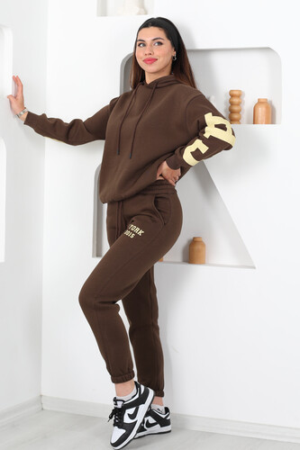 Kapüşonlu Baskılı Üç İp Kahverengi Kadın Sweat Takım - 3