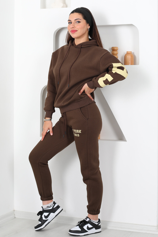 Kapüşonlu Baskılı Üç İp Kahverengi Kadın Sweat Takım - 4