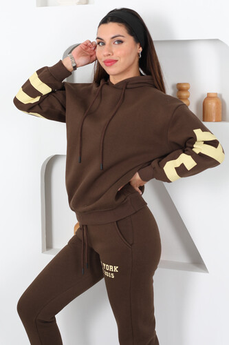Kapüşonlu Baskılı Üç İp Kahverengi Kadın Sweat Takım - 5